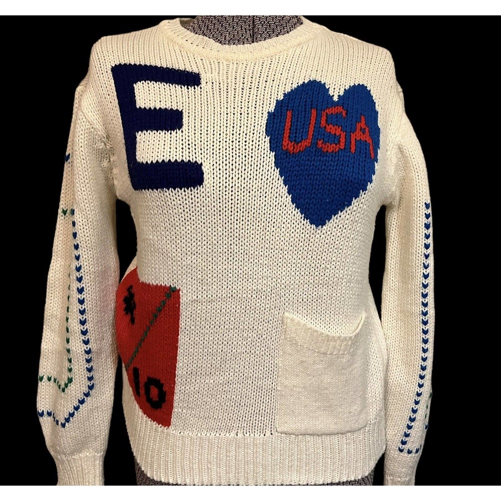 80s Abstract Letter E Knit Sweater White Women Small / Girls Large